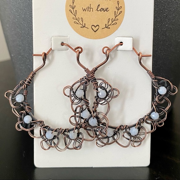 Blue Lace Agate Handcrafted Copper “Lace” Hoop Earrings - Picture 8 of 8